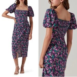 Astr Purple Floral Puff Sleeve Midi Dress